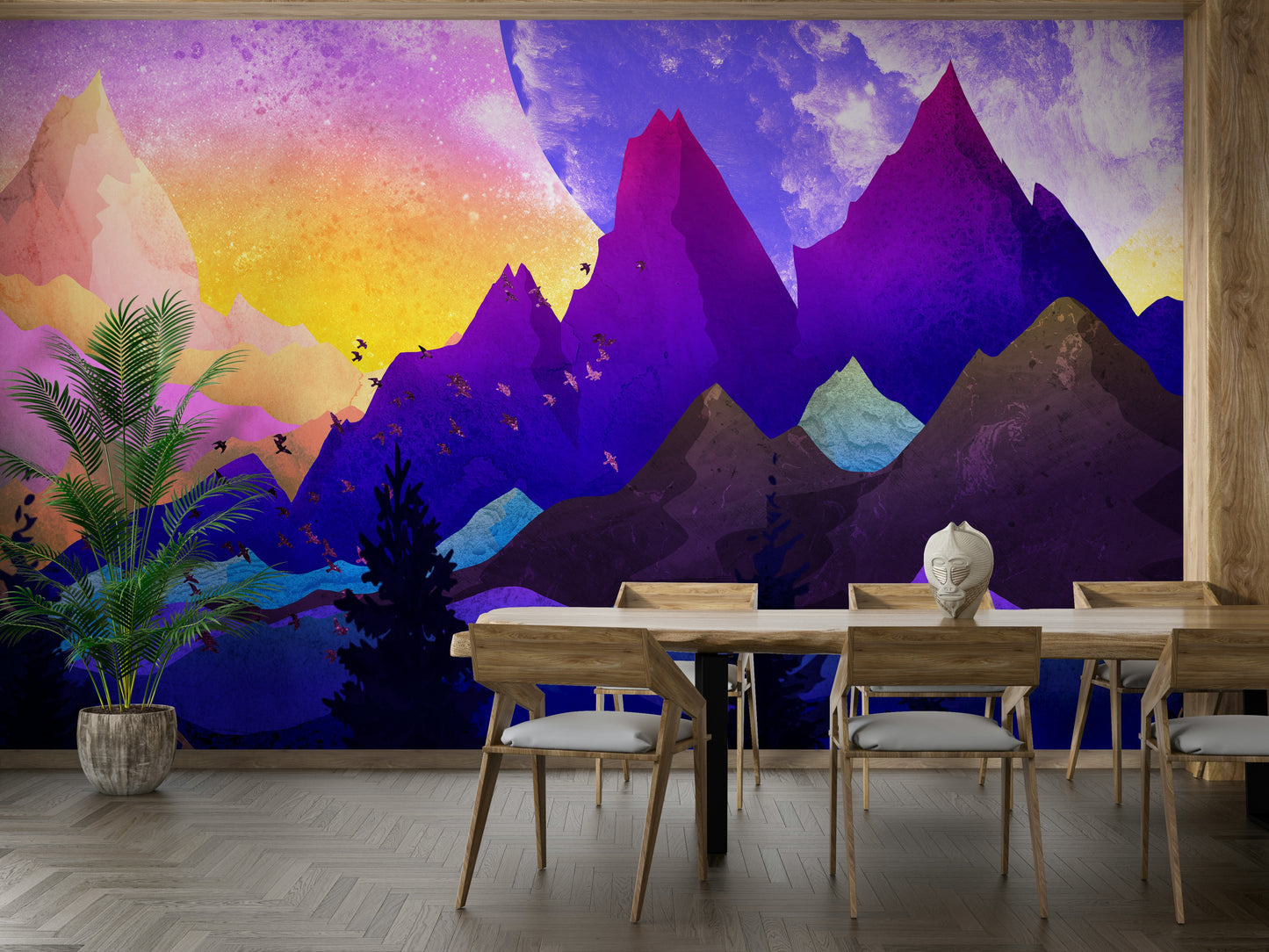 Magical rainbow mountain scene wallpaper