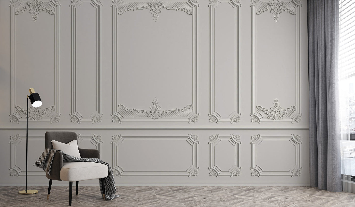 Georgian-inspired white molding wallpaper mural