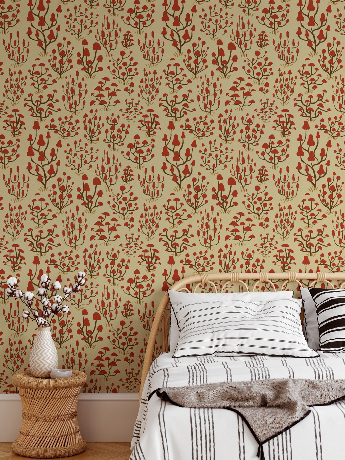 Vibrant red mushroom wallpaper with ditsy design for lively walls.