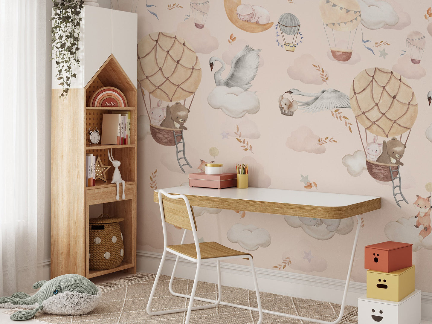 Playful nursery mural with soft colors