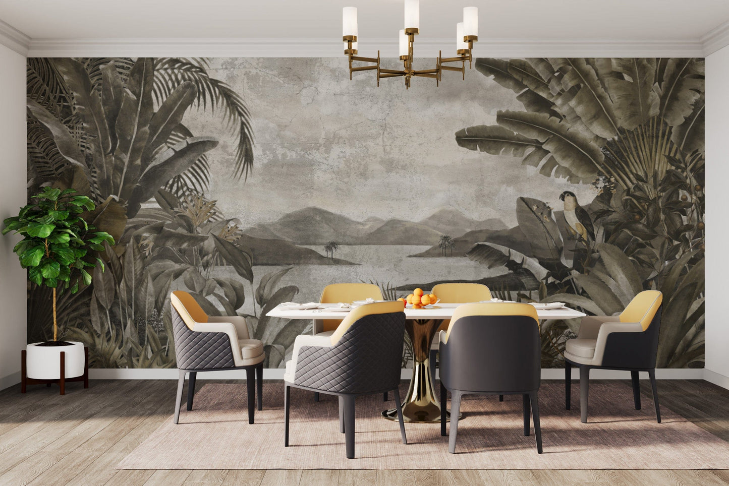 Aged tropical botanical wall covering