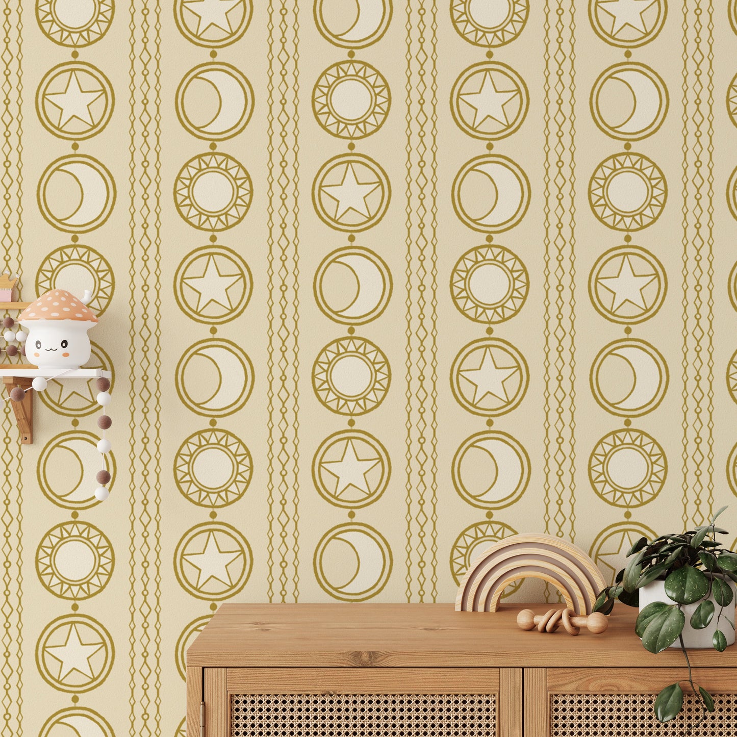 Artistic celestial medallions wallpaper for a modern celestial vibe.