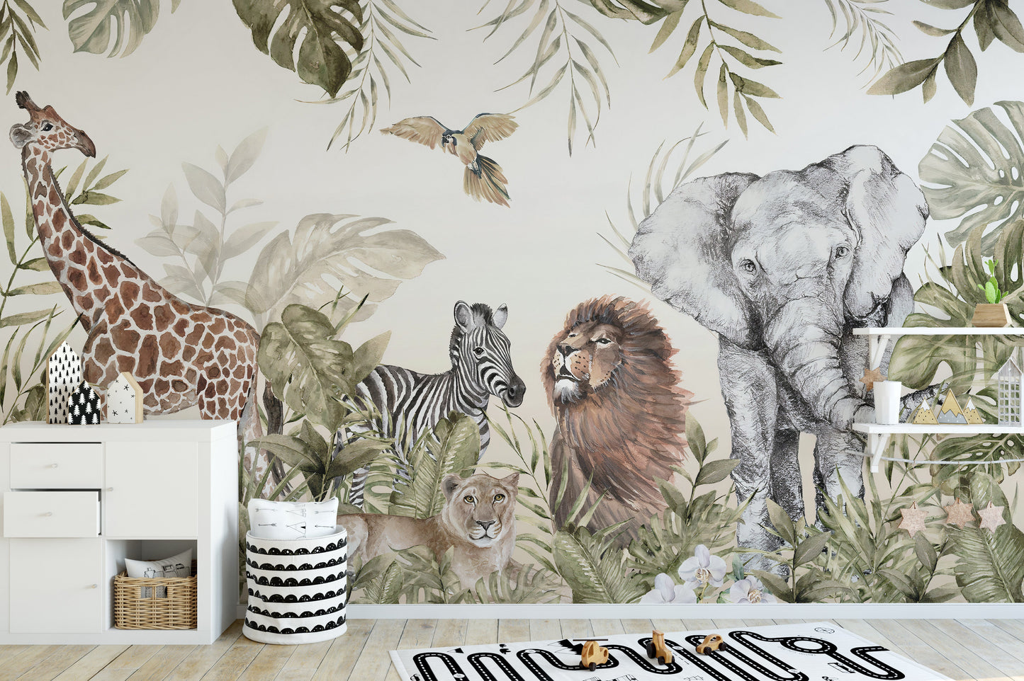 Watercolor Jungle Wallpaper with Lions and Elephants