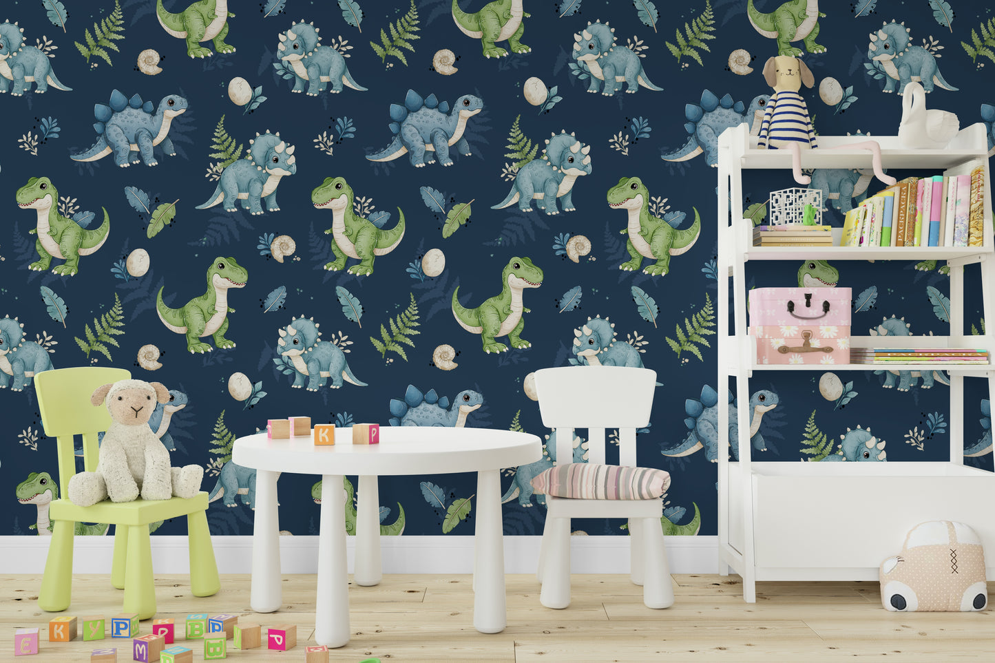 Baby dinosaurs and leaves on navy wall