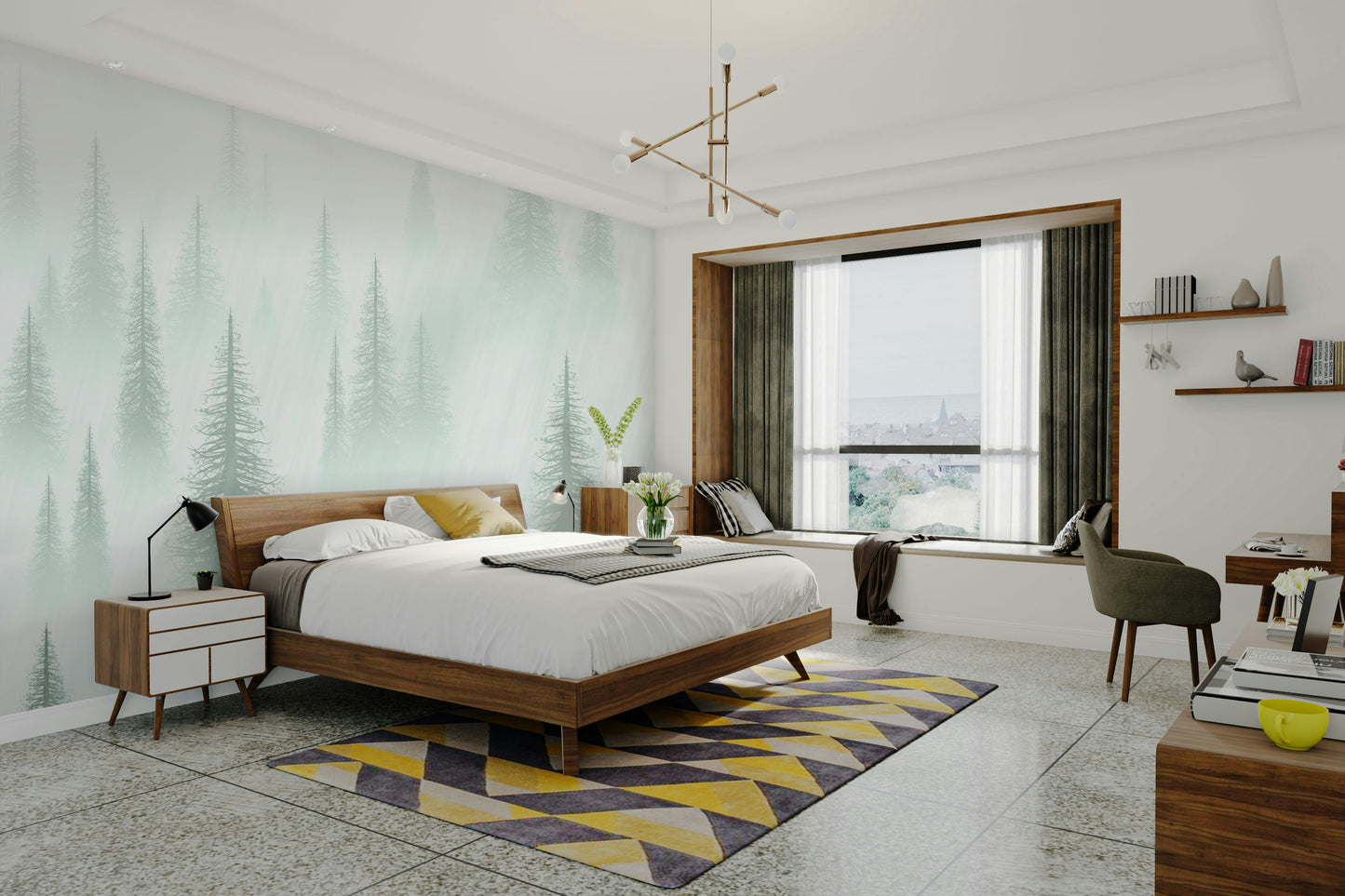 tall trees in mist wallpaper design