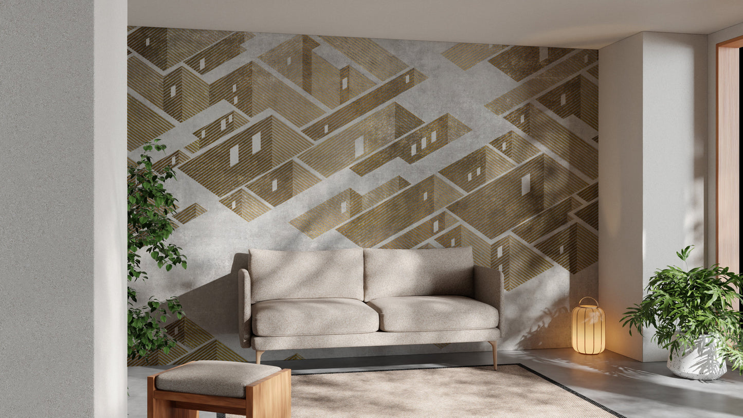 Urban-inspired cityscape mural with axonometric precision.