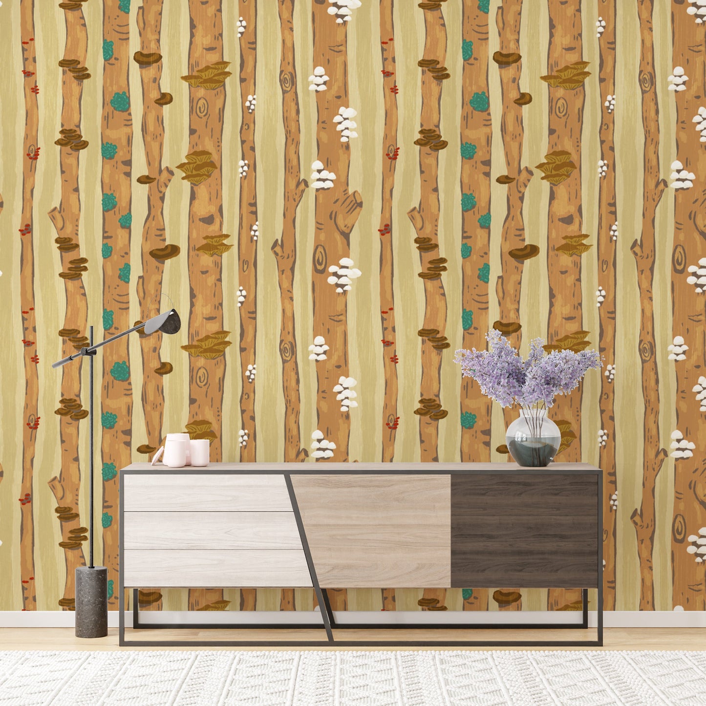 Nature-inspired mushroom tree trunk wallpaper for serene decor.