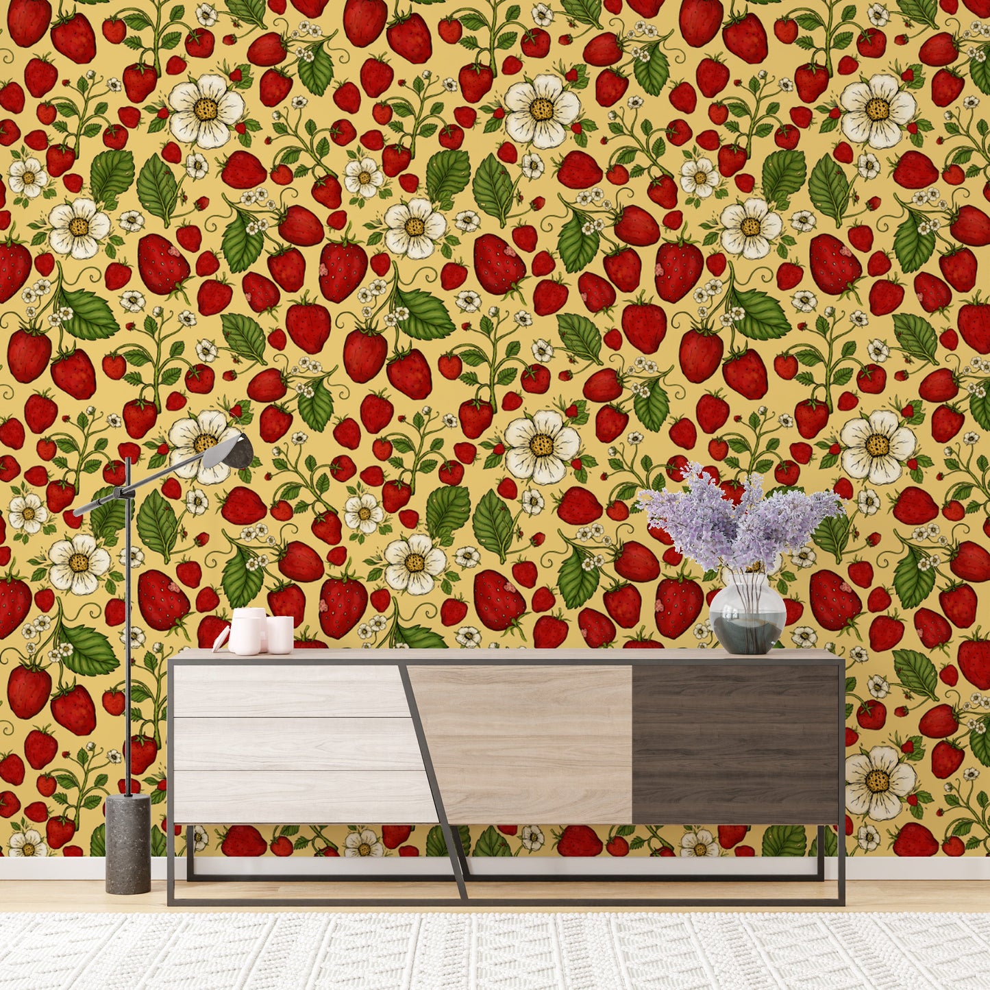 Red strawberry pattern on warm yellow wallpaper for charm.