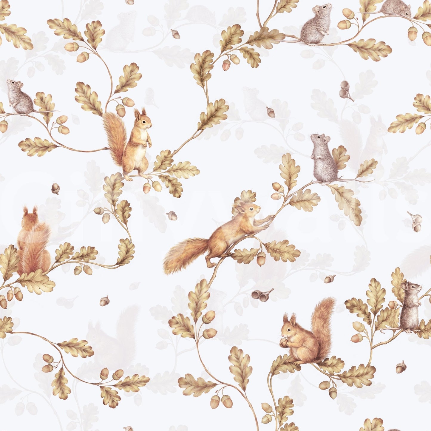 Off white chinoiserie wallpaper with squirrels, mice, acorns, and oak branch trails