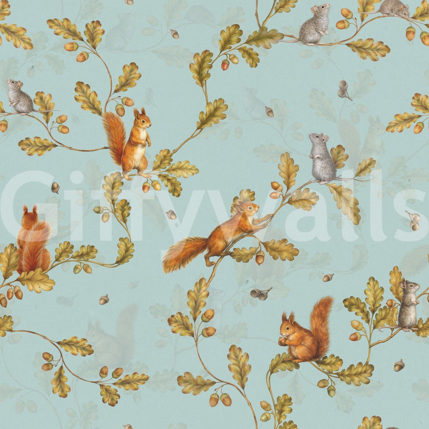 Off white chinoiserie wallpaper with oak trails, squirrels, mice, and acorn detail, GD8692