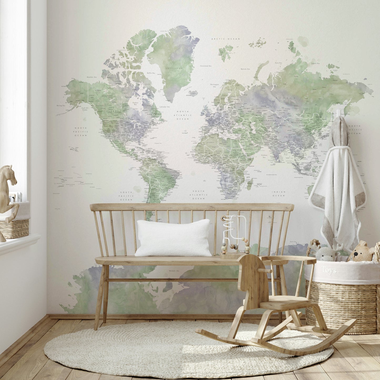 Modern sage green world map wallpaper