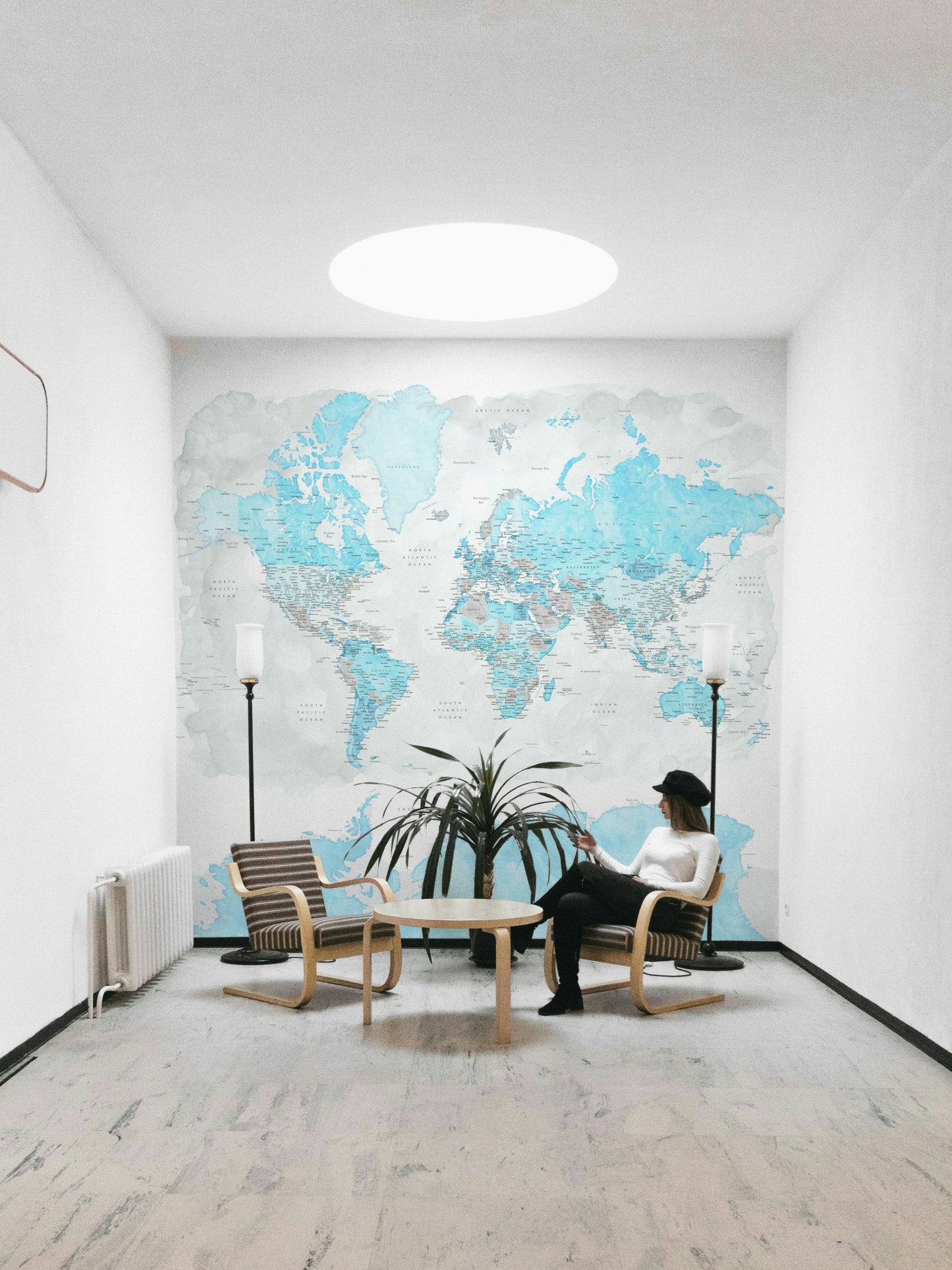 Modern light blue world map wallpaper