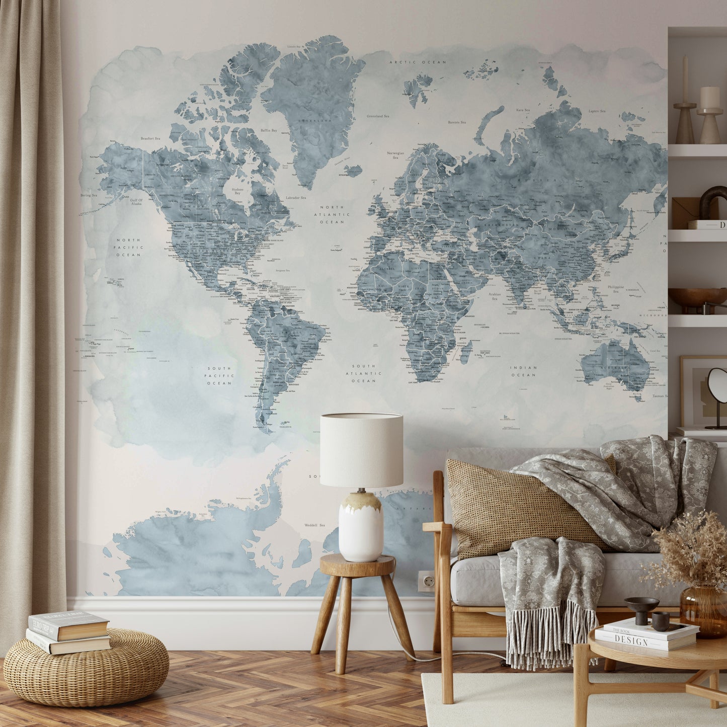 Steel blue watercolor map wall art
