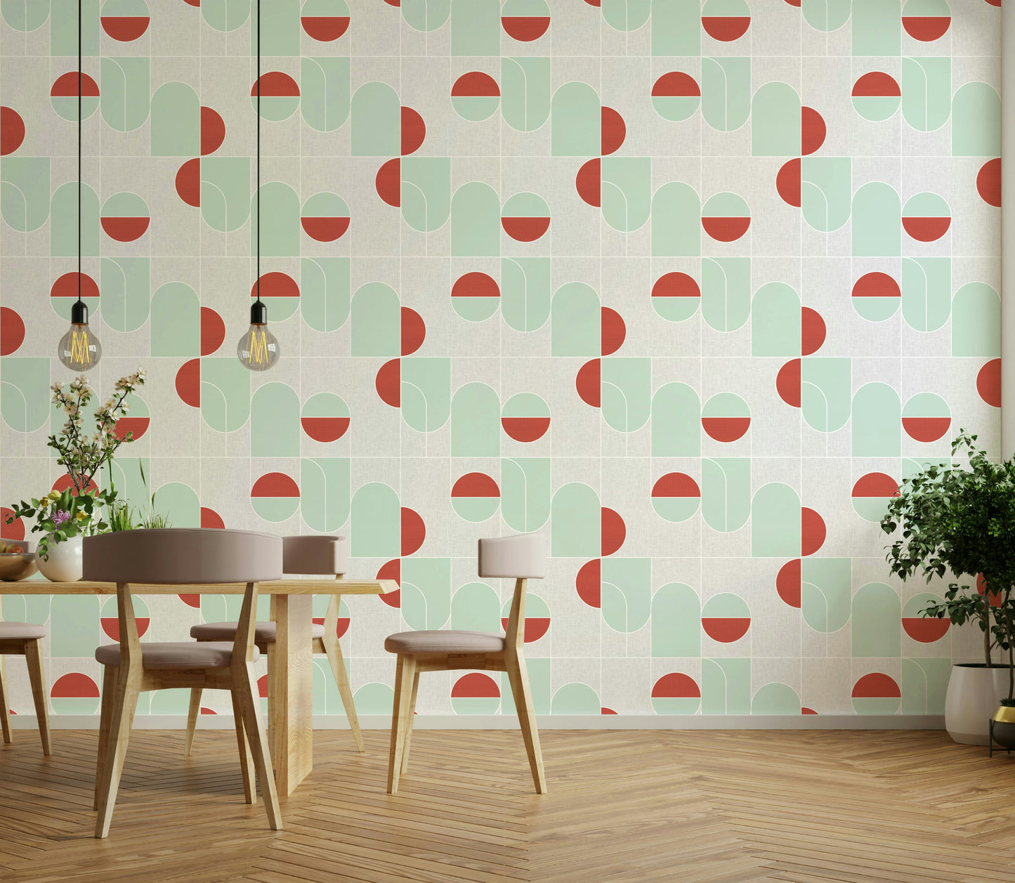 Mint green and red abstract shapes