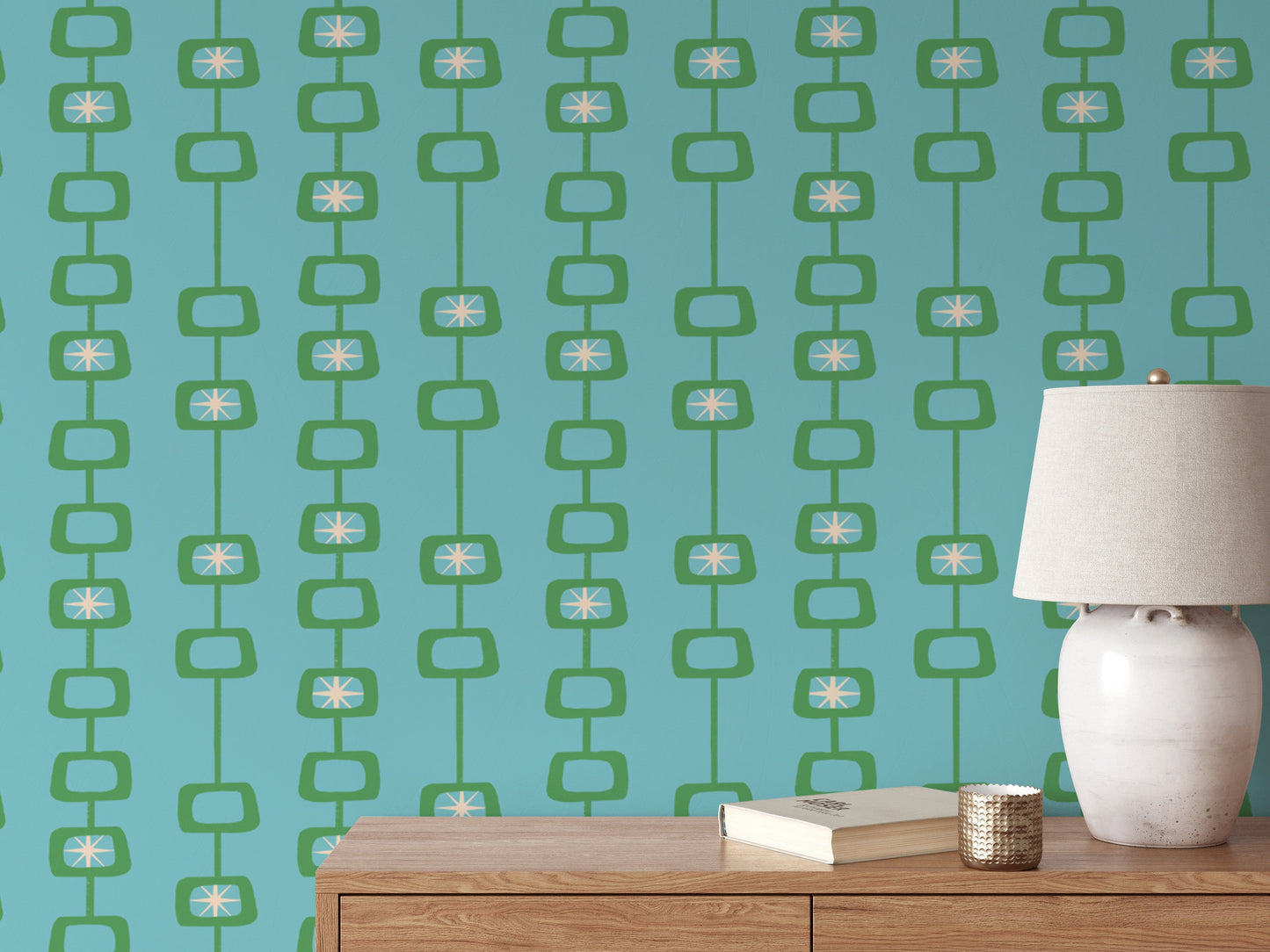 Mid Century Atomic Orbs Blue Green Wallpaper