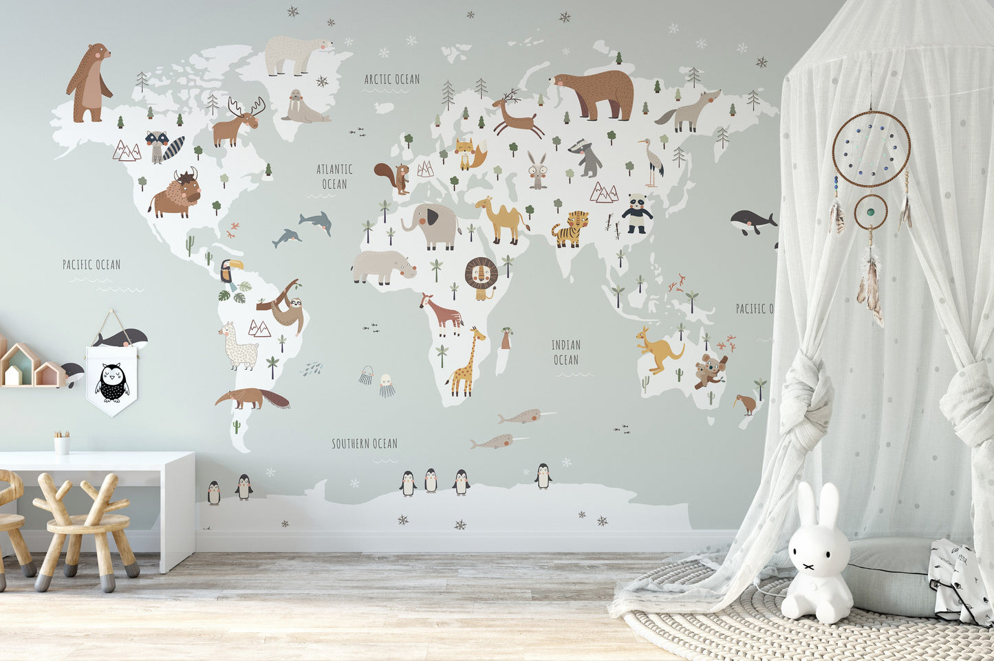 Kids wallpaper with colorful world map animals