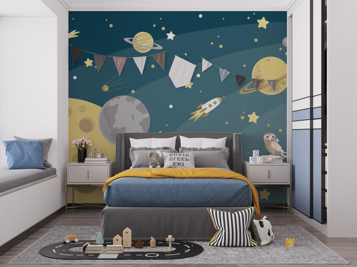 Space exploration mural with planets