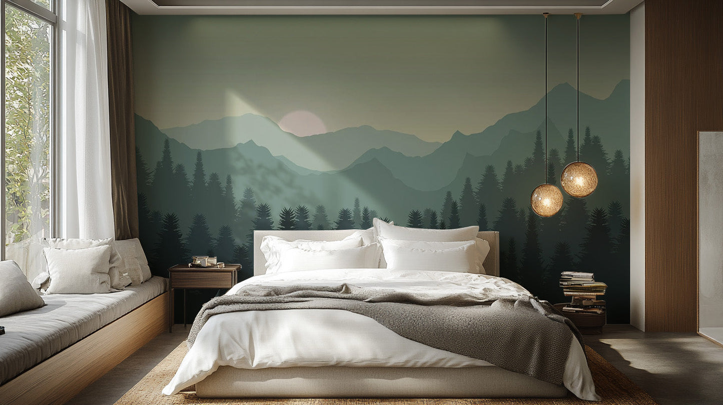 Stunning Dark Sunset Mountains Wall Mural Design