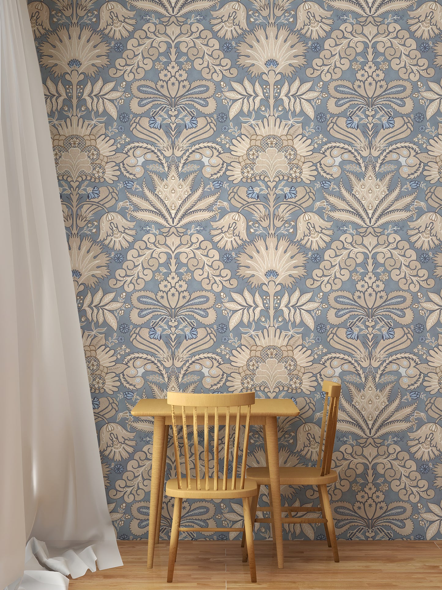 Botanic Damask Cream Slate Blue Grey