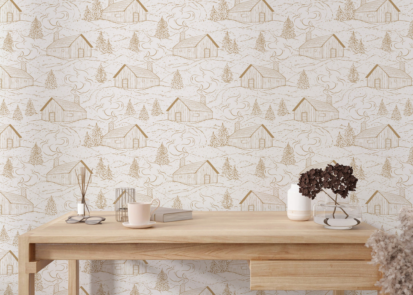 Whimsical smokey cabins wallpaper in tan for playful, cozy rooms.