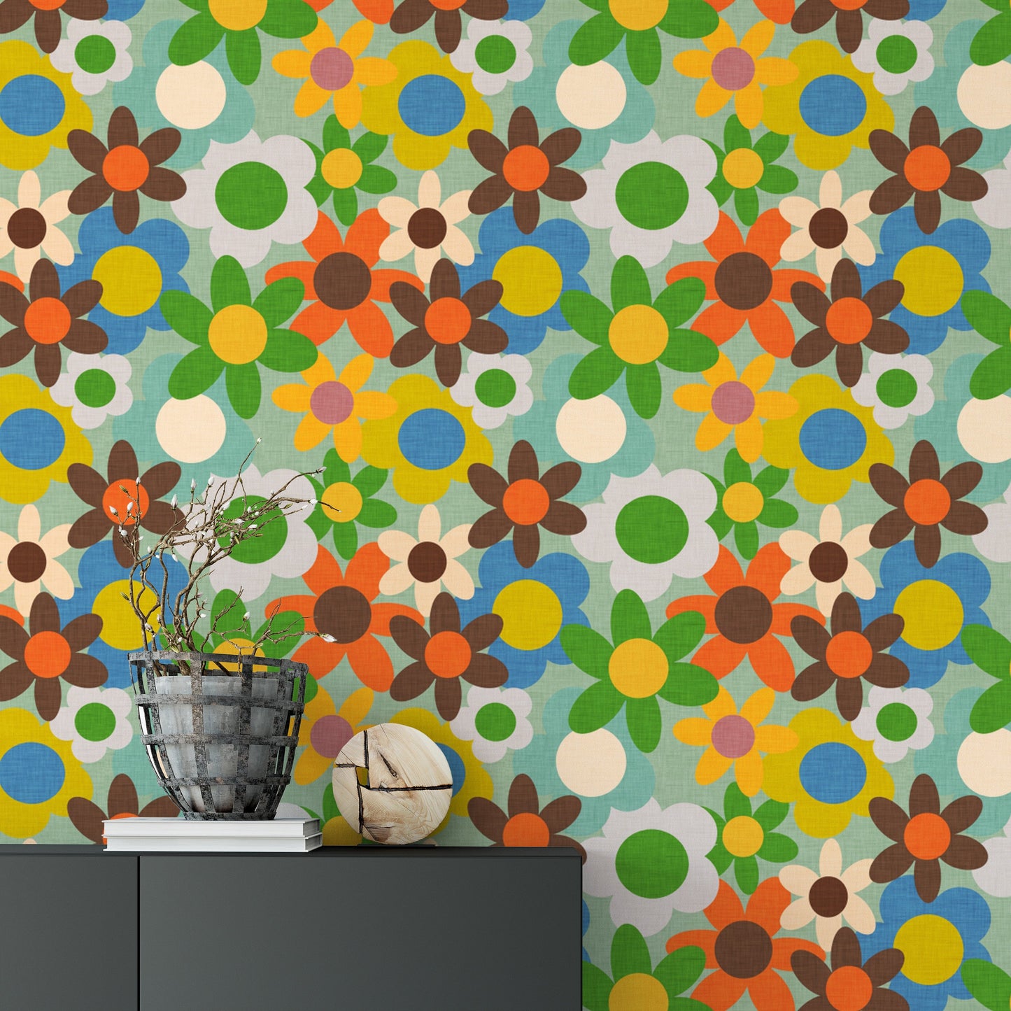 Retro flower print mural in vibrant green and blue