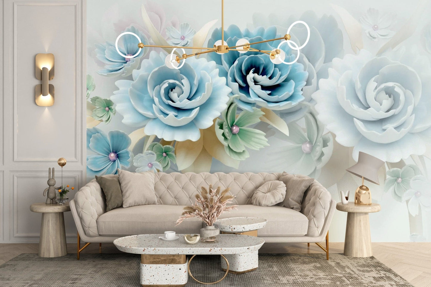 Blue Floral 3D Wallpaper Mural