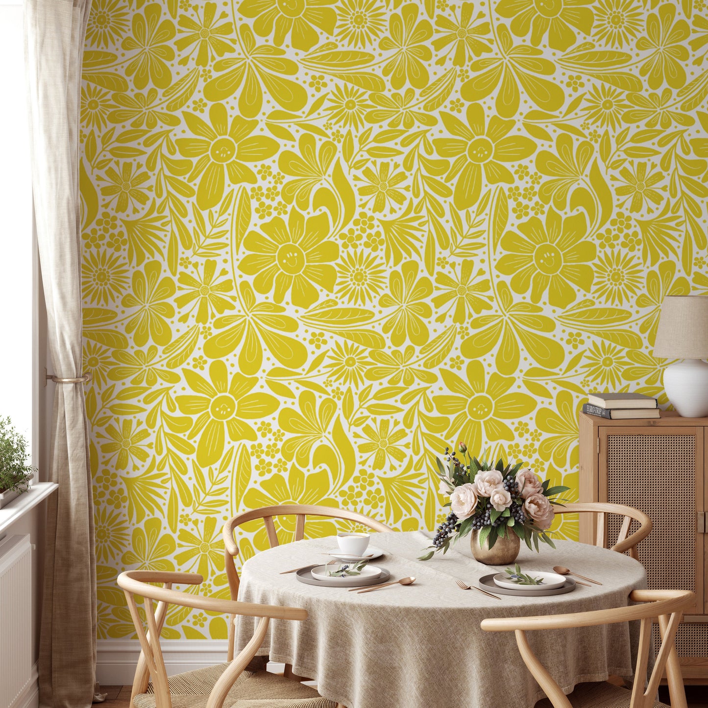 Happy blooms yellow wallpaper for vibrant and joyful wall decor.