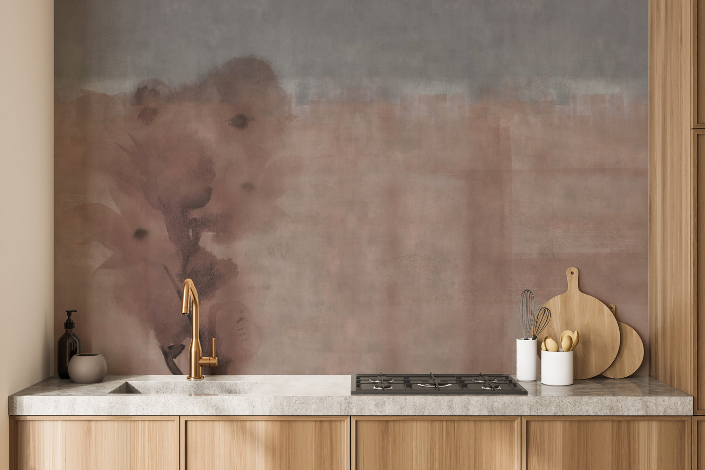 Elegant peel-and-stick wallpaper with soft red watercolor tones.