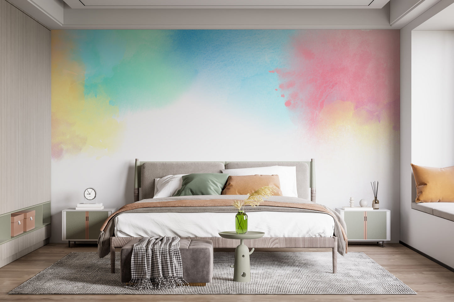 Colorful kids wallpaper with vibrant watercolor splash patterns.