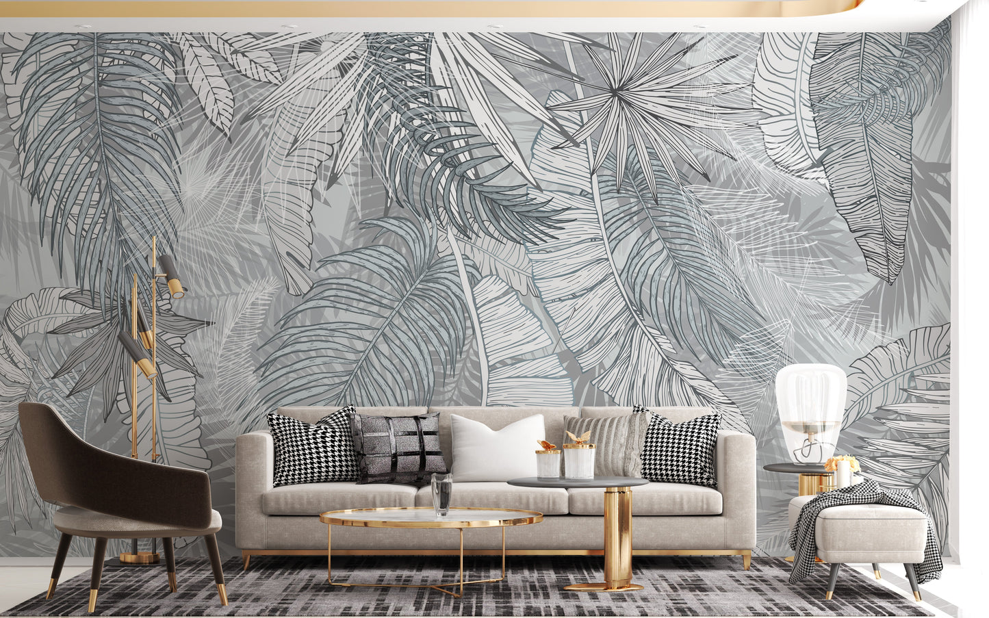 Grey & White Charcoal Leafy Illustrated Wallpaper Murals - Giffywalls