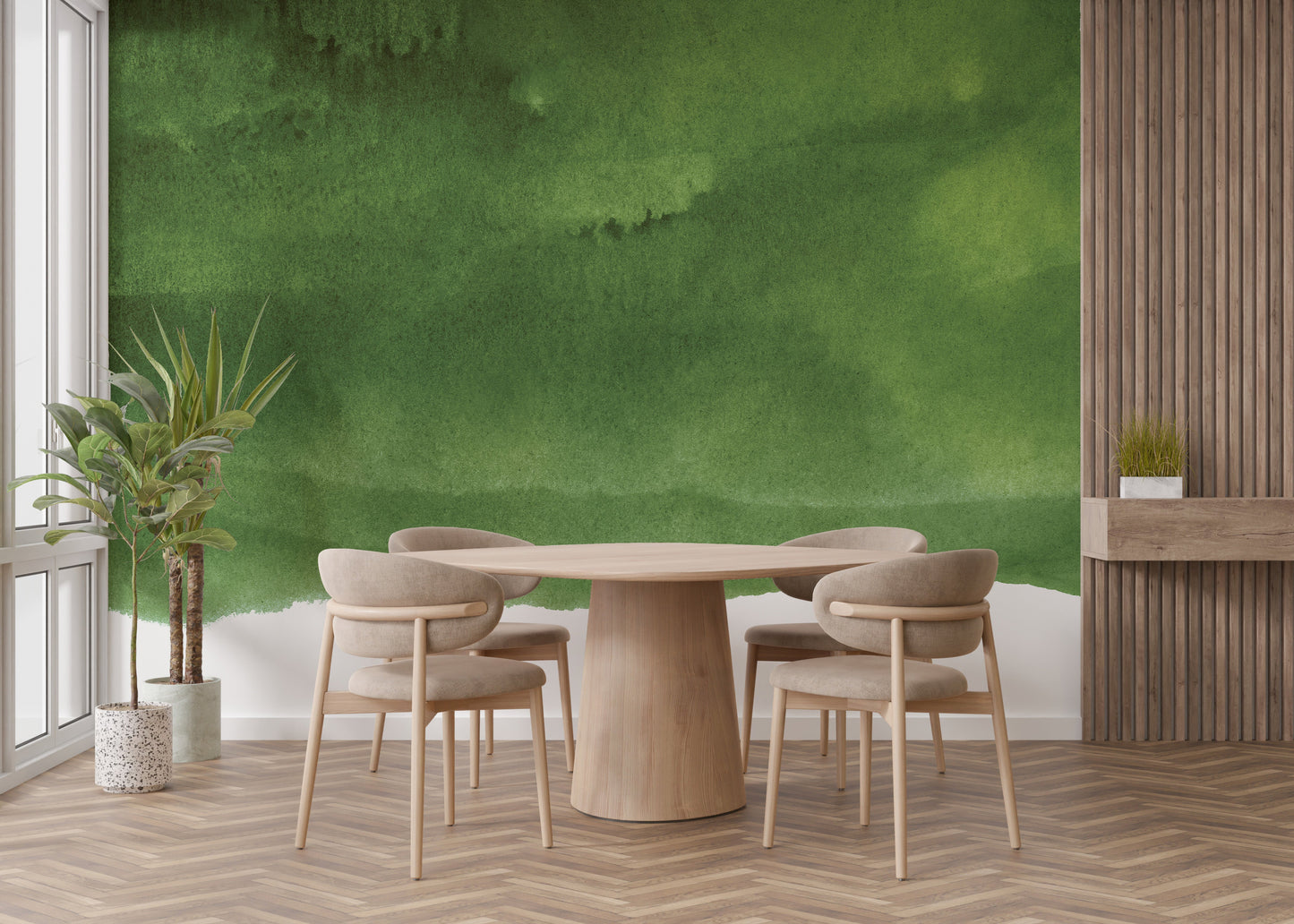 Watercolor-inspired dark green wallpaper for trendy spaces.