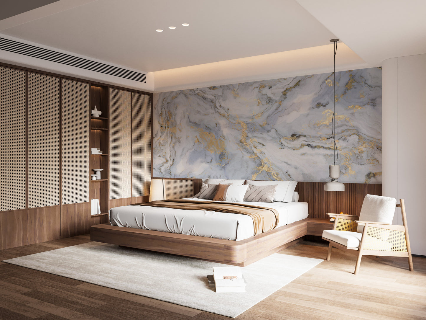 White marble mural with golden highlights