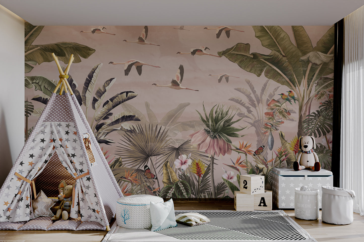 Lush jungle with flying flamingos