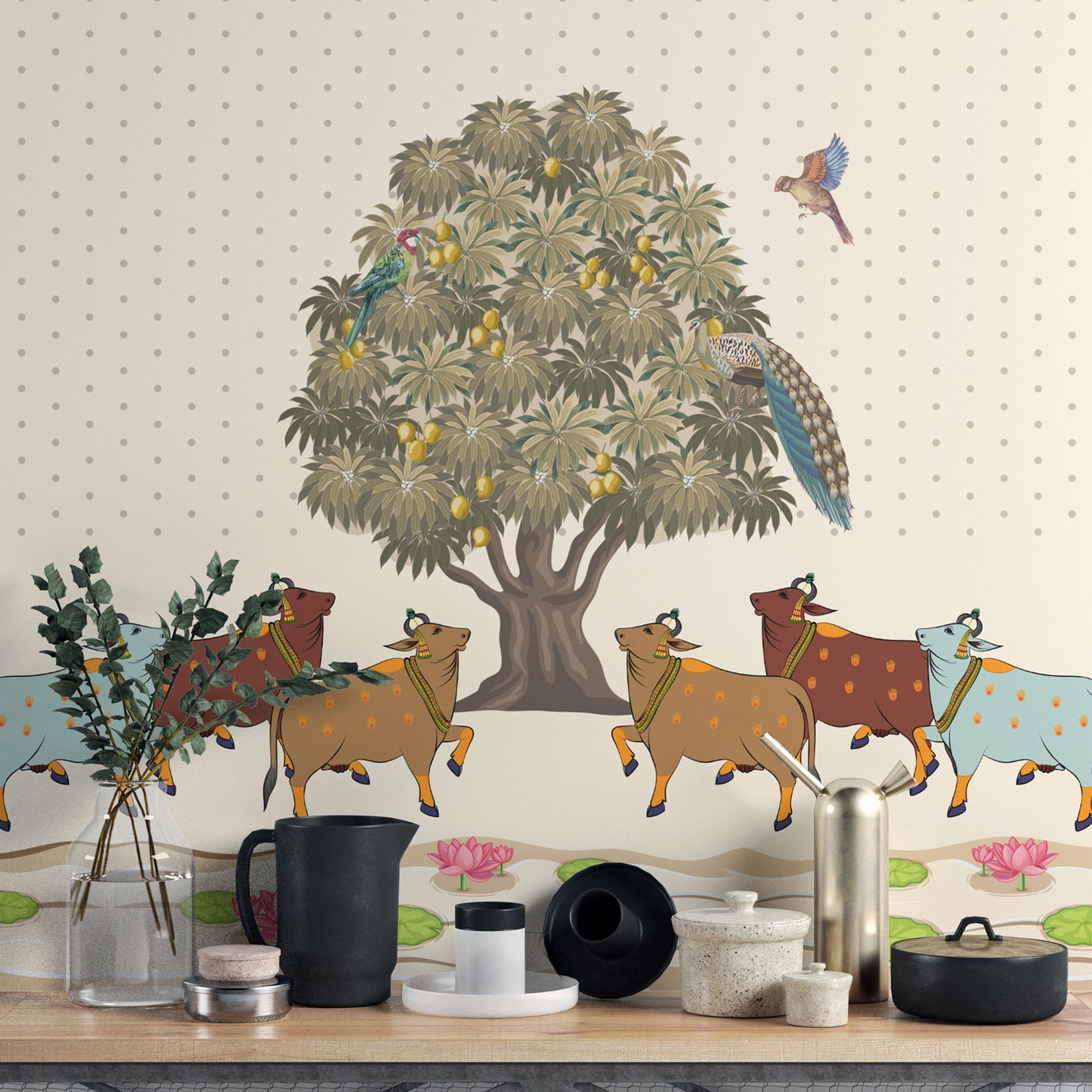 Detailed Mango Grove Pichwai Wallpaper print.