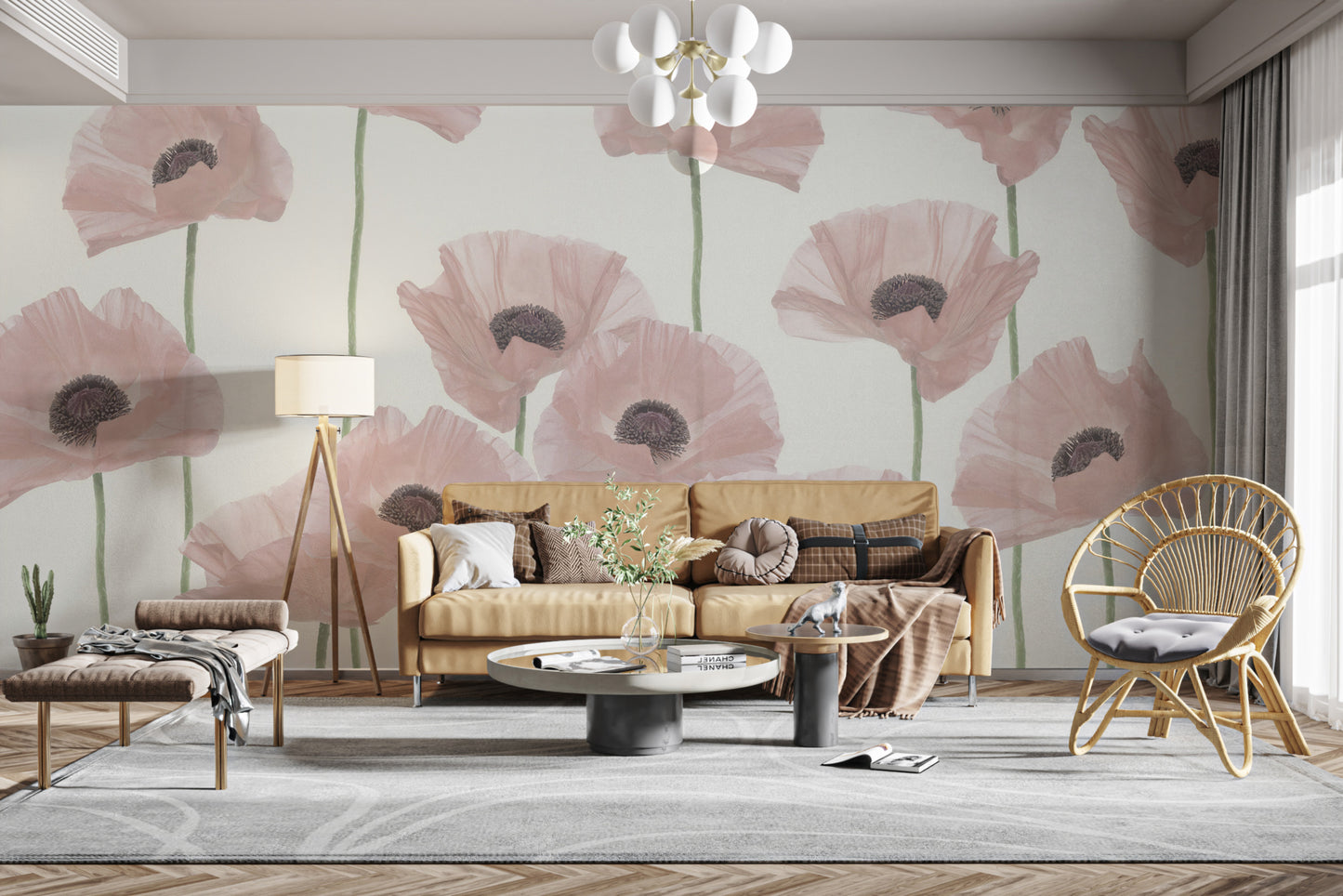 Soft pink floral wallpaper with poppies