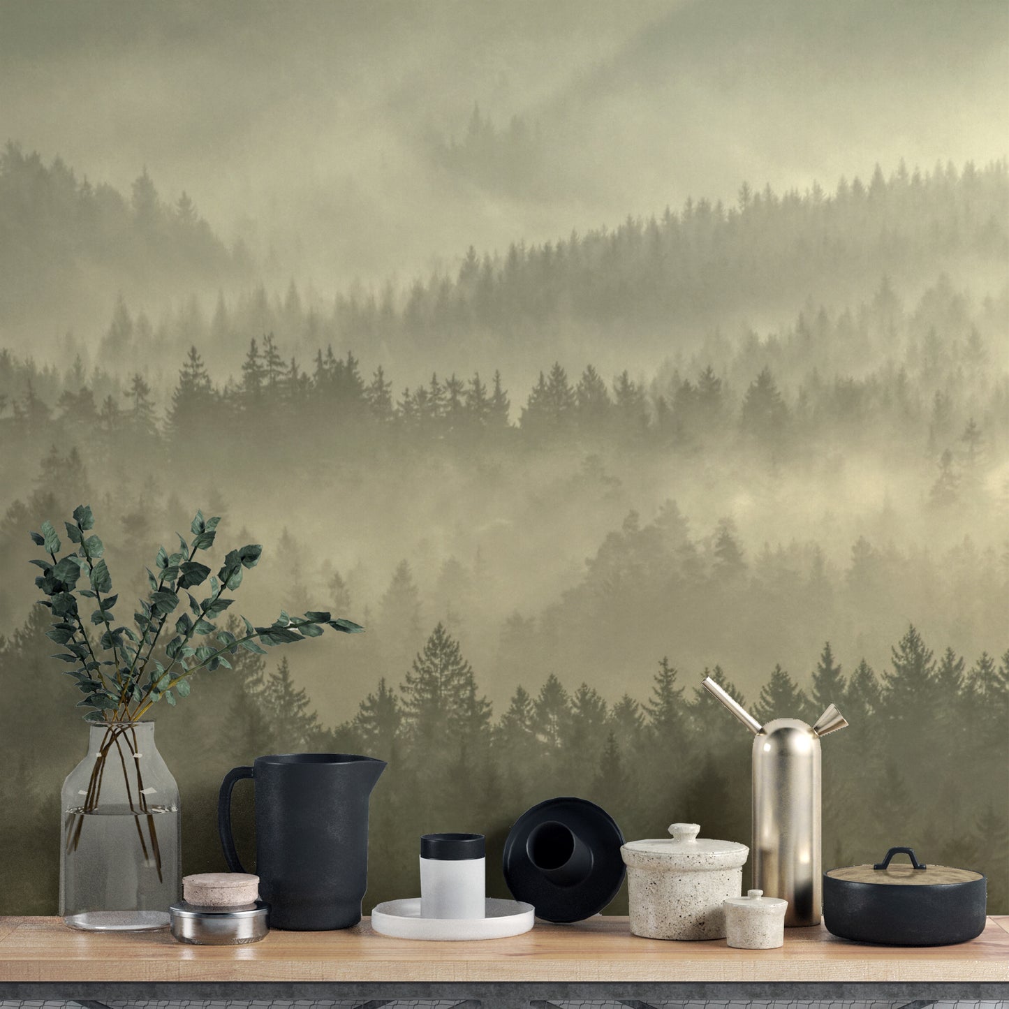Peaceful golden misty forest wall mural