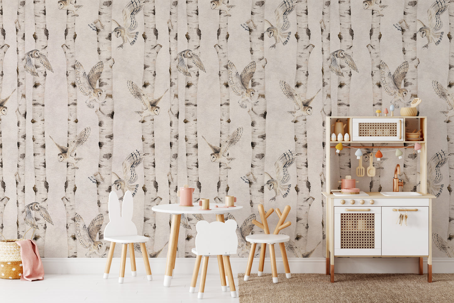 Rustic white birch tree wallpaper scene