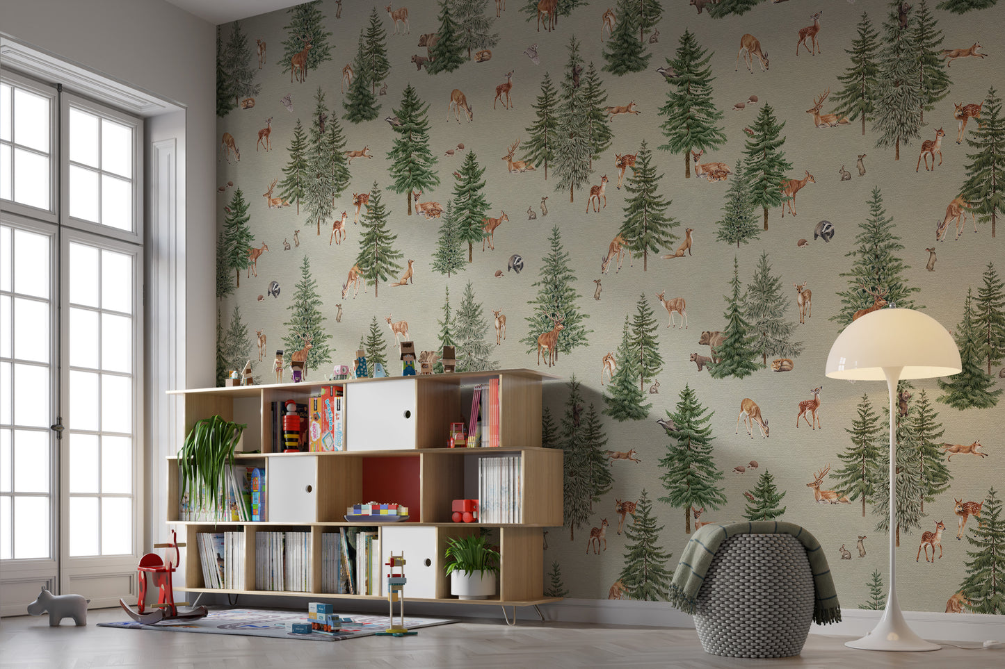 Rustic green forest animal wallpaper