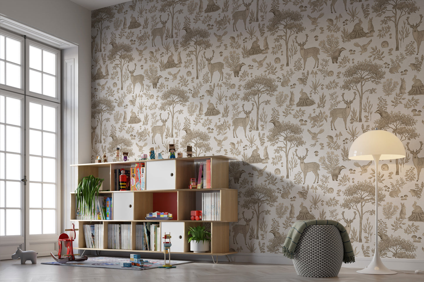 Storybook-style forest wallpaper print