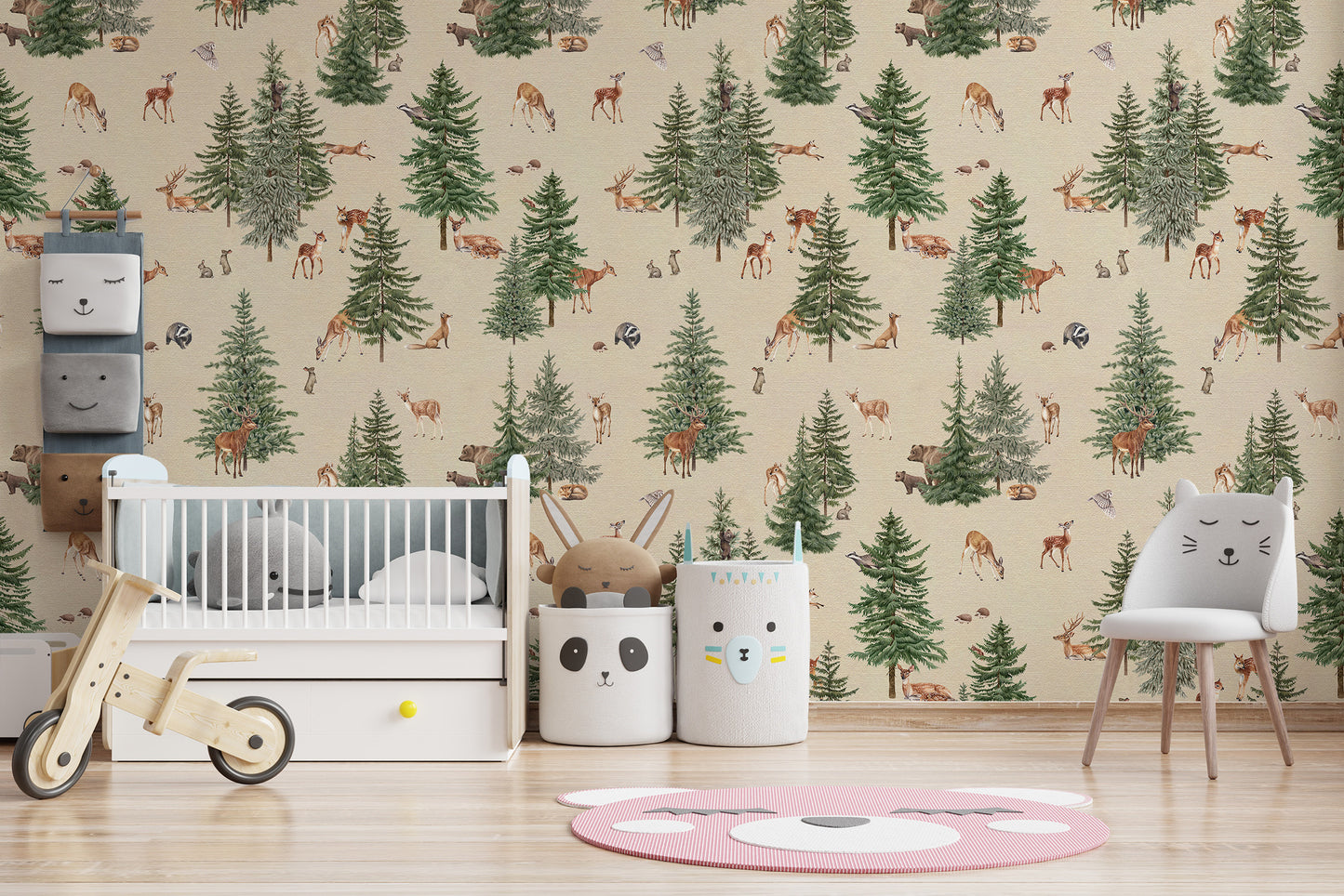 Beige Woodland Deer Forest Wallpaper