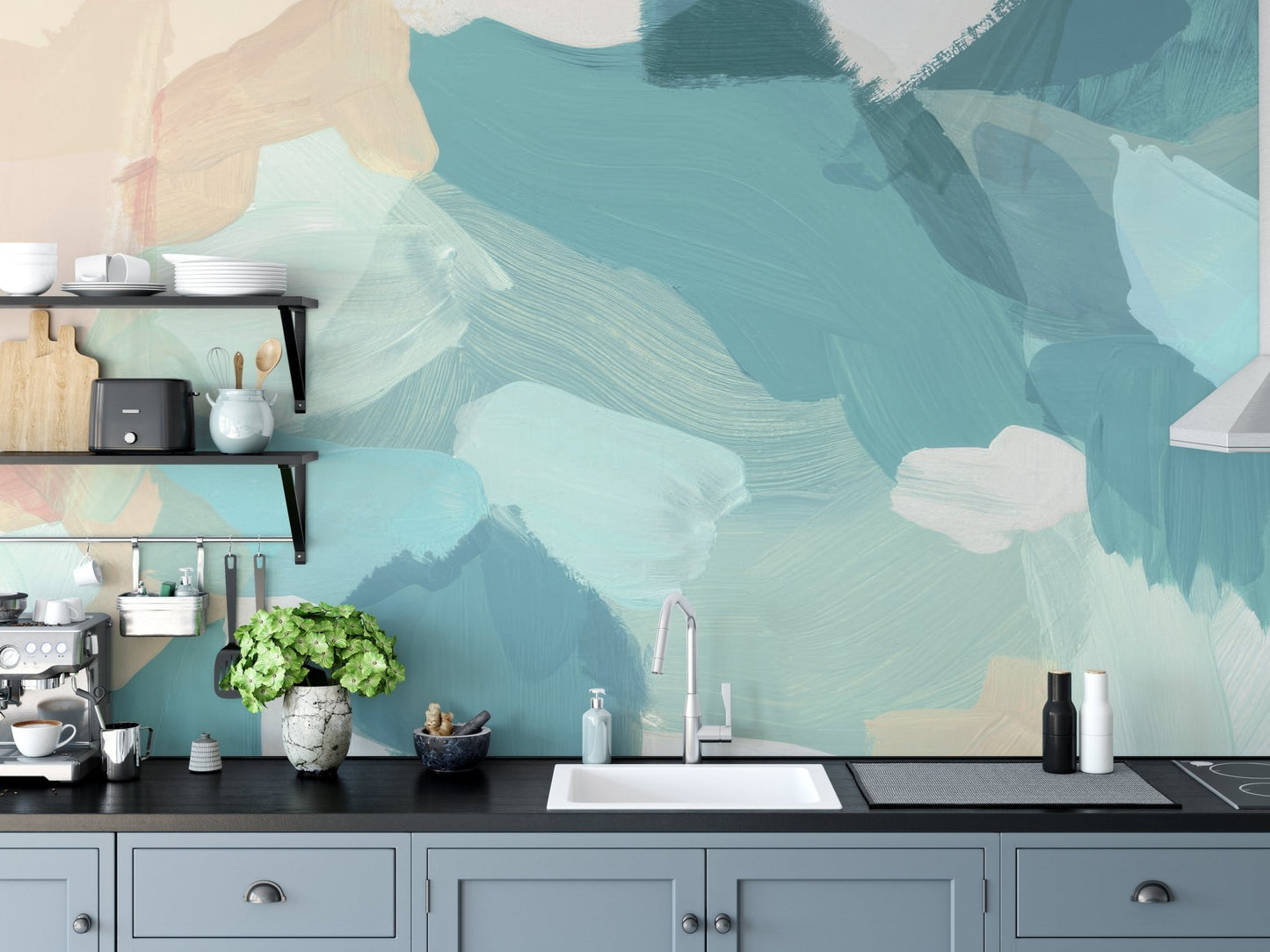 Blue and beige abstract wallpaper with painted strokes., C02