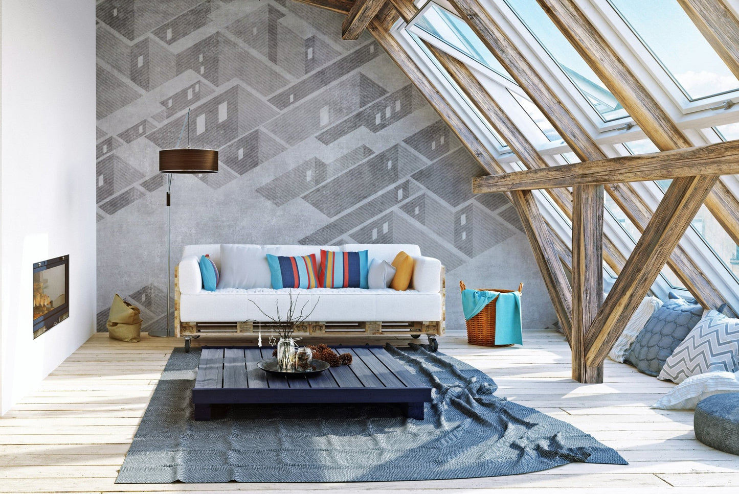 Urban-inspired mural featuring abstract building vector graphics.