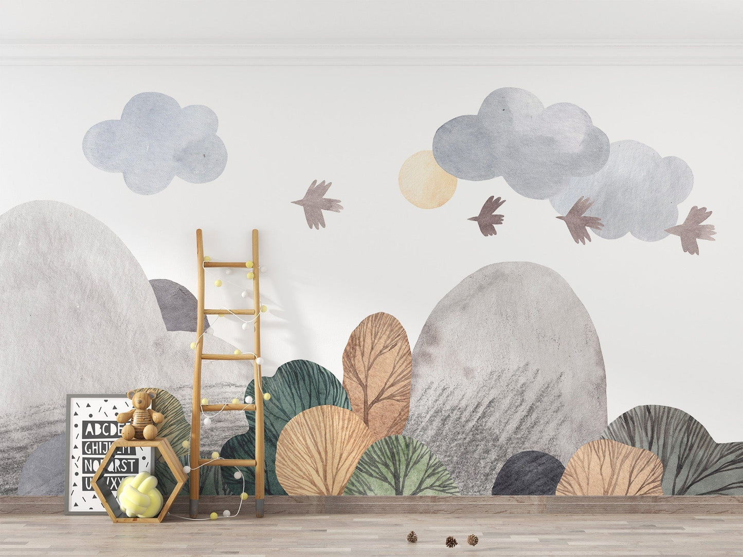Trendy watercolor landscape wallpaper for artistic walls.
