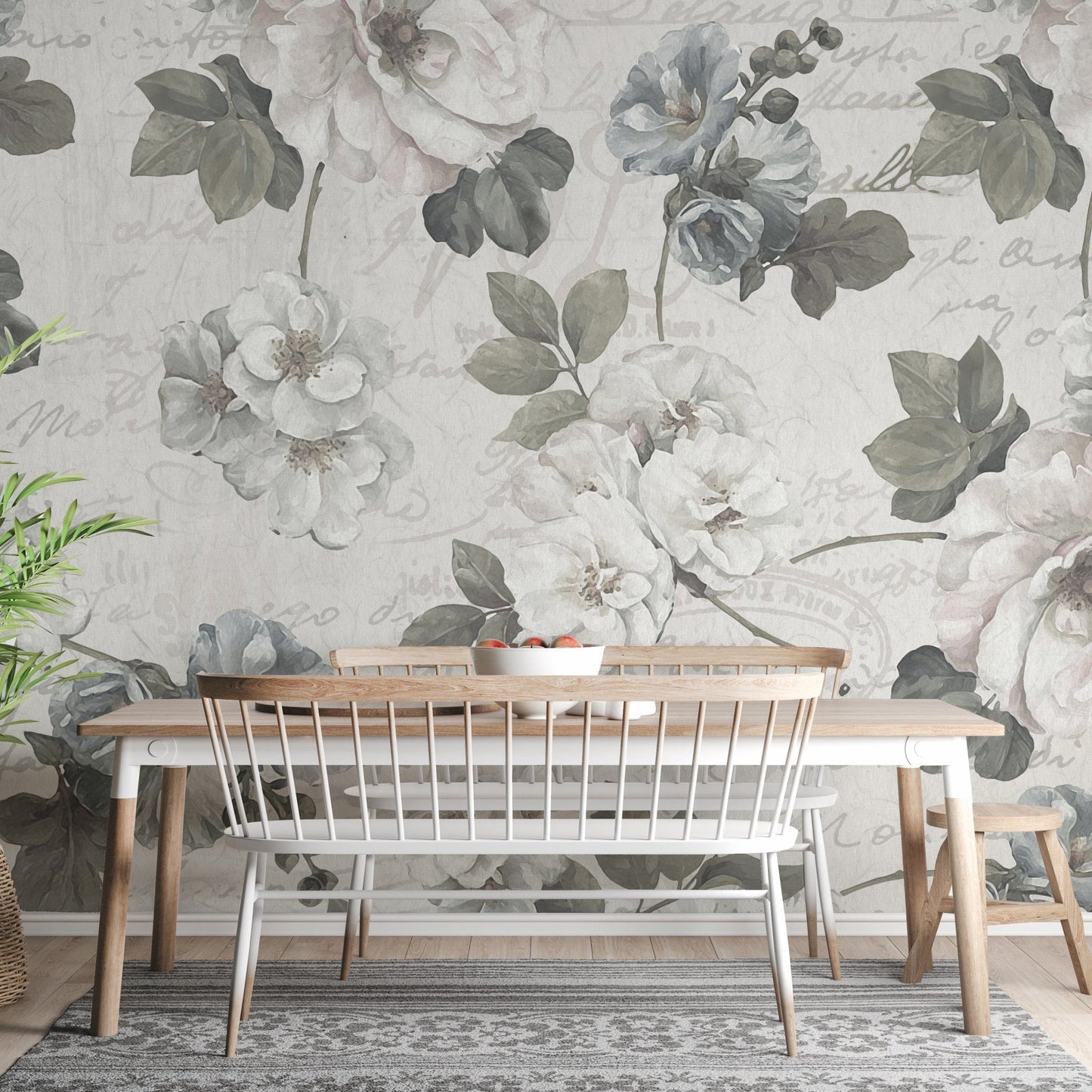 Decorative white abstract flower mural