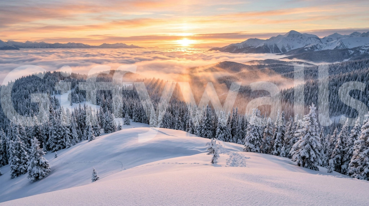 Panoramic winter wall mural with snowy ridges, forest cover, and distant mountains, GD9025