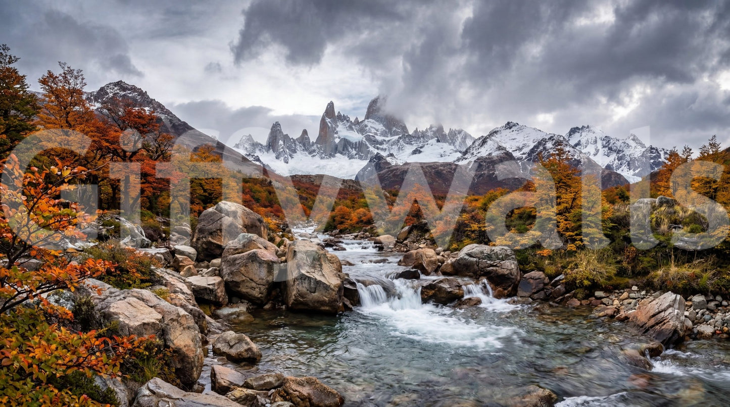 Alpine Autumn Cascade wall mural with rocky terrain and flowing stream, GD9249
