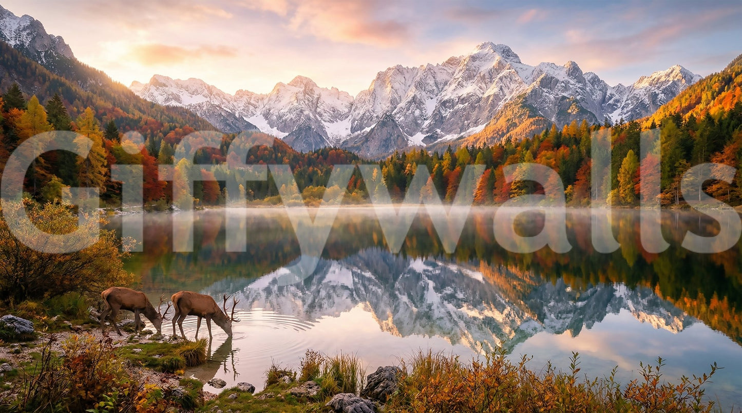 Alpine Autumn Reflection with Deer mural in rich seasonal earth tones