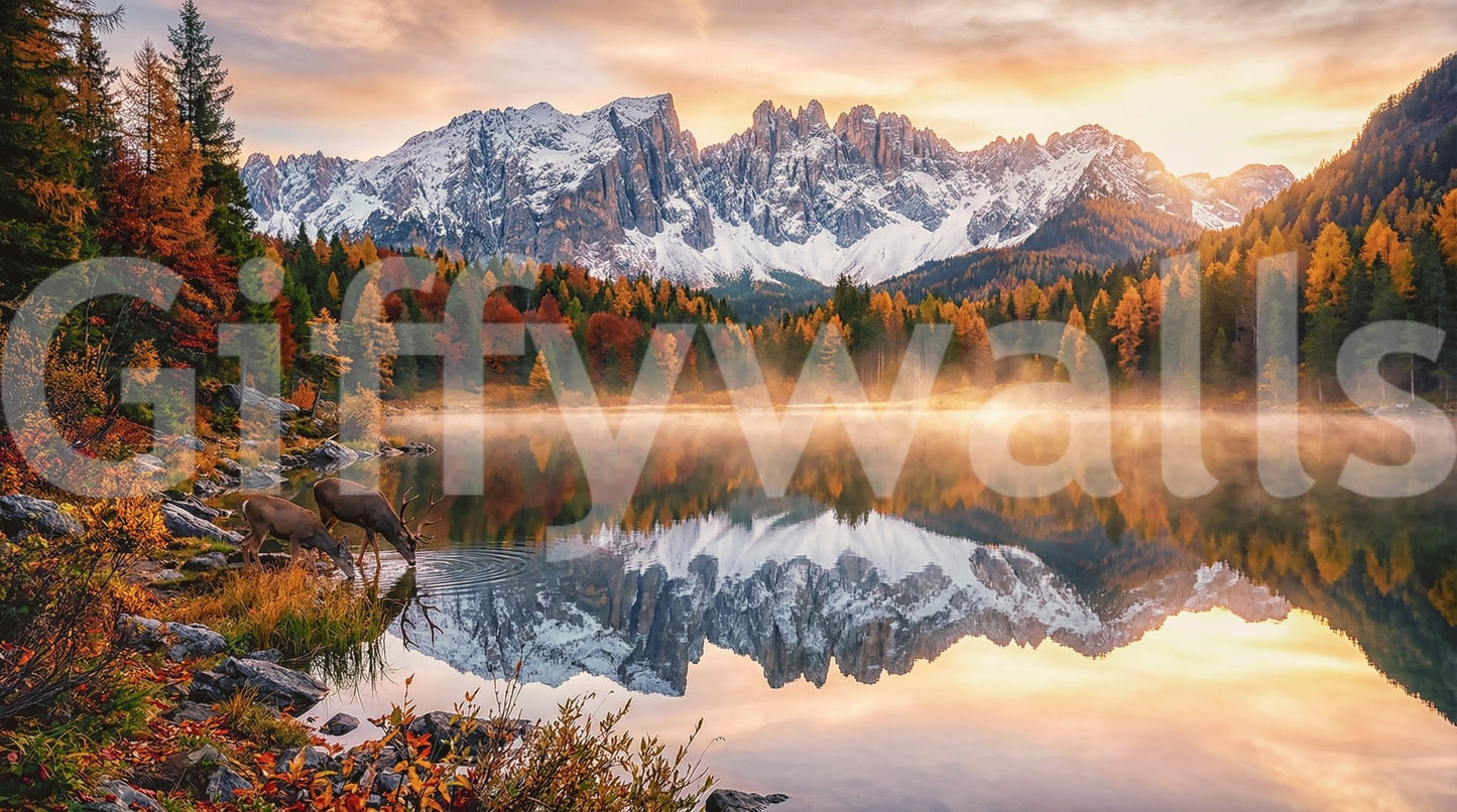 Alpine Autumn Serenity mural with mountain backdrop and shoreline foliage, GD9304