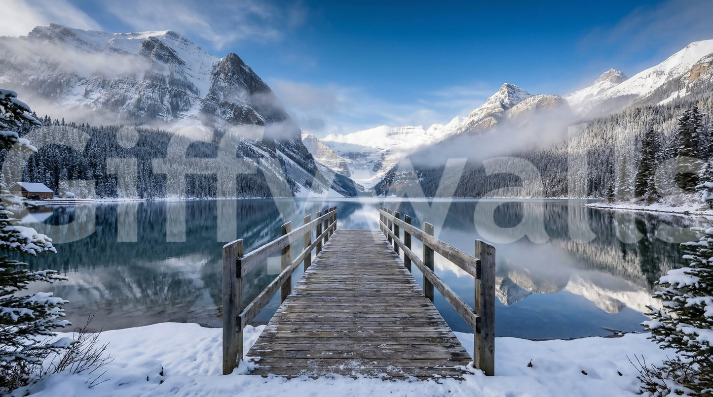 Tucked among the trees, a small log cabin sits inside Alpine Lake Winter wall mural. GD9605