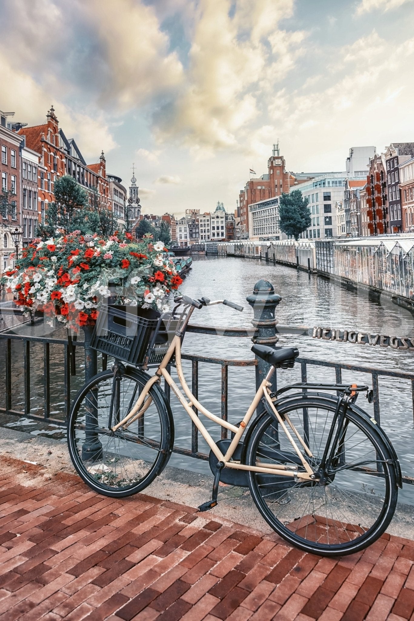 Sunny sky reflection Amsterdam Canal Ride wallpaper for walls.